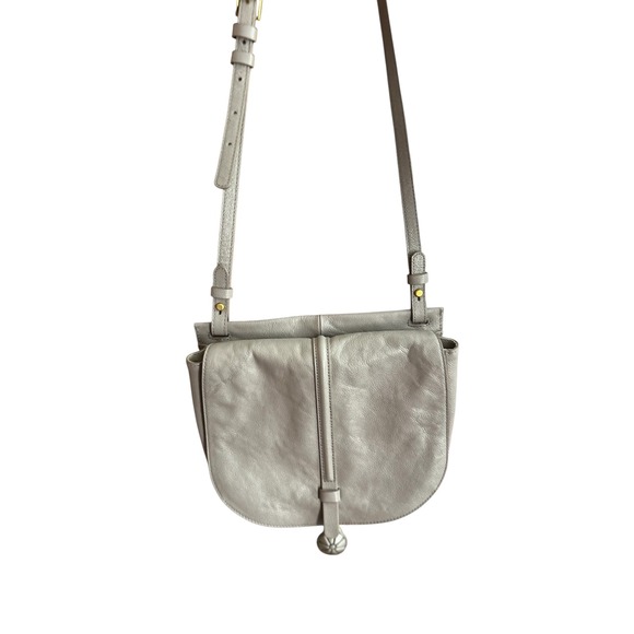 Fossil Leather Crossbody Bag Gray Saddle Bag Adjustable Strap Purse Handbag - Picture 1 of 15